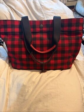 Coach Red and Black Buffalo Plaid Tote with Black Handles